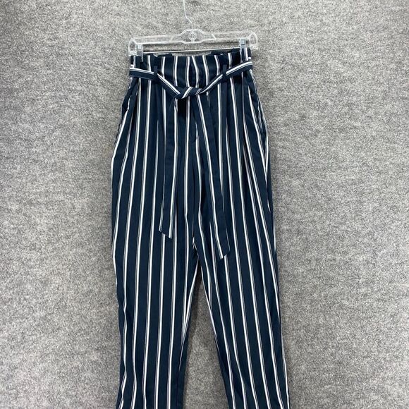 H&M Pants Women 8 Blue Striped Belted High Rise Flat Front Chino Casual Pockets - Picture 3 of 10